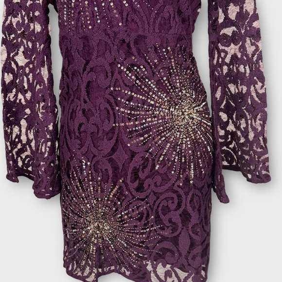 Free‎ People North Star Bell Sleeve Sequined Lace Plum Mini Dress Women's 4 - Picture 9 of 13